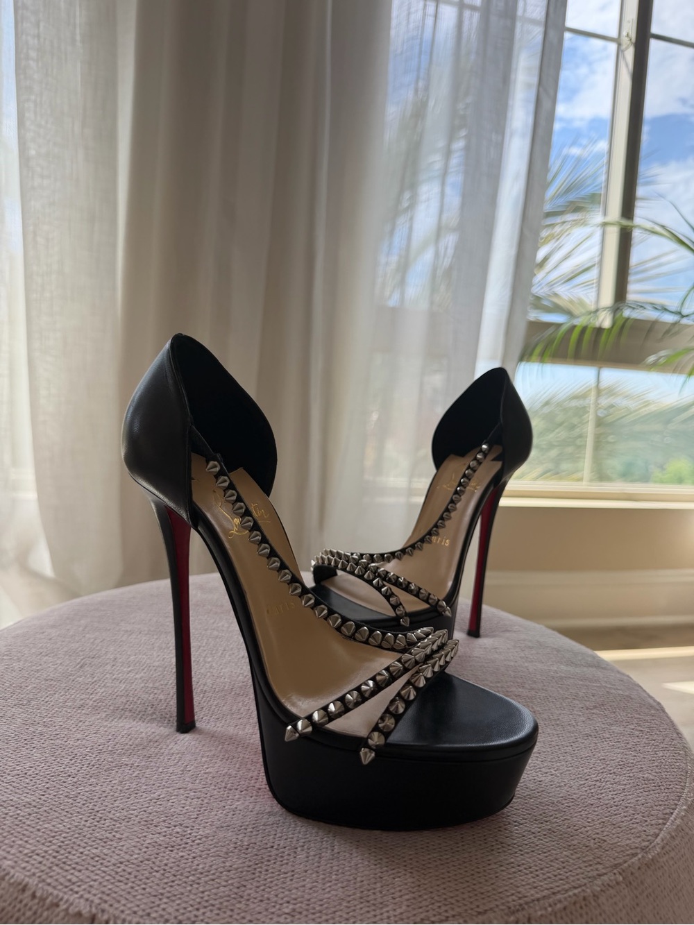 Christian Louboutin Black Leather Studded Platform Pumps with Red Soles